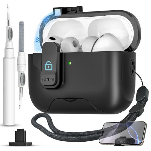 Image of for AirPods Pro 3 Case(2025) with Secure Lock Clip, Automatic Pop-up Full Drop Protective Hard Cover for Apple AirPod Pro 3rd Generation with Lanyard & Cleaning Kit (Black-A)