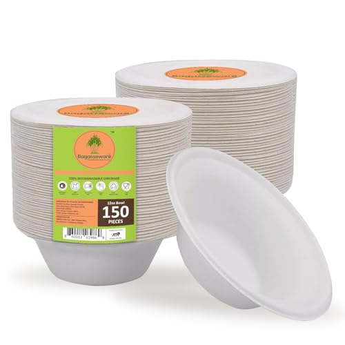 Compostable 12 oz Bowls - 150 Count | Heavy-Duty 3X Stronger Disposable Bowls | Biodegradable, Soak-Proof, Microwave & Freezer Safe | Eco-Friendly Tableware