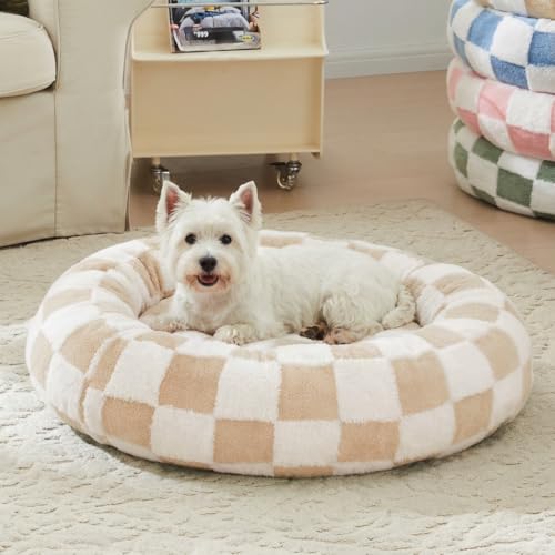 Ohocut Checkered Dog Bed, Cute Beige Khaki Retro Style Aesthetic Round Warming Pet Calming Beds for...
