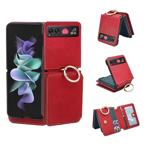 Asuwish Phone Case for Motorola Razr 40/Moto Razr 2023 Wallet Cover with Ring Crossbody Strap Lanyard Credit Card Holder Stand Cell Accessories XT2323-6 Women Men Red