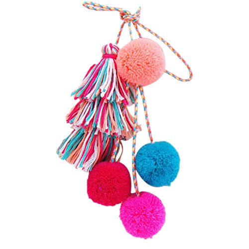DZH Enjoy Borde hecho a mano colorido del bolso de la borla para las mujeres, borla acodada con la cadena Pom Poms llavero bolso colgante decoración