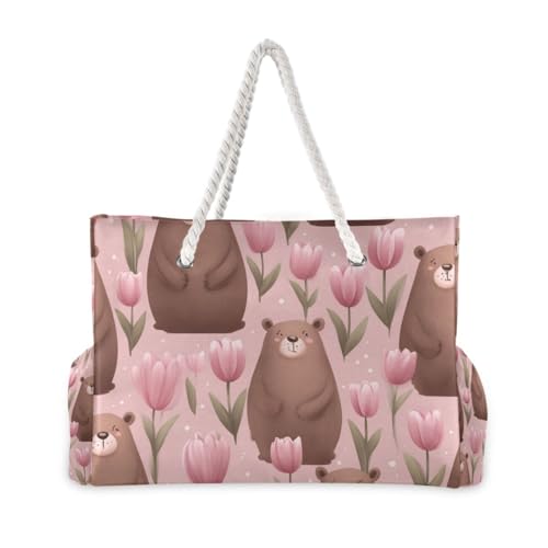 OTVEE Brown Bear and Pink Tulip Patterns Beach Bags for Women Ladies Large Canvas Tote Shoulder Bag Waterproof Travel Bags for Gym Swim Pool Camping2