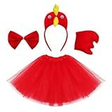 Fumwase 4 Pieces Chicken Animal Costume Chick Headband Bowtie Tail Tutus Set for Halloween Dress Up Cosplay Party (Red)