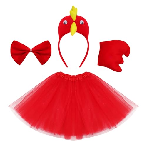 Fumwase Disfraz de animal de pollo de 4 piezas, diadema de pollito, corbatín, cola, tutú para Halloween, fiesta de cosplay (rojo)