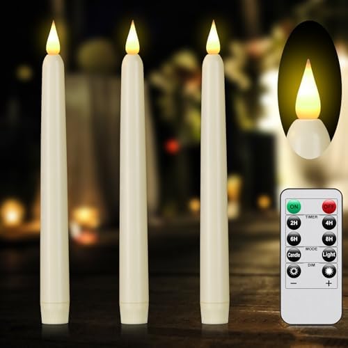 Flameless Taper Candles with Remote Control and Timer, Battery Operated LED Candlesticks with Flickering 3D Flame, 9.6×0.8 Inches Plastic Fake Candles for Christmas, Wedding and Home Decor (Ivory, 3)