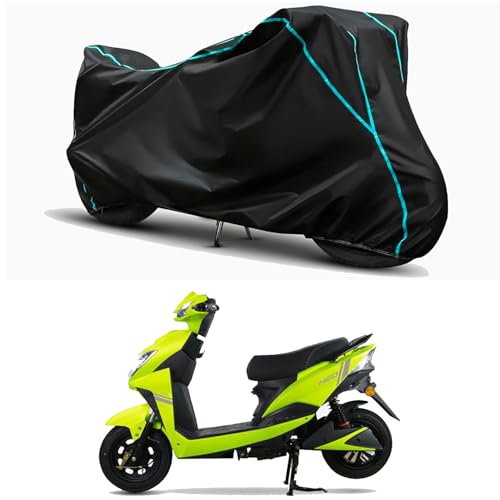 Image of Waterproof Bike Body Cover Compatible for | Techo Electra Neo STD | Taffeta Fabric, Sky Piping Design, Bottom Elastic Fit | Dustproof, Sun UV & Rain Protection for All Weather.