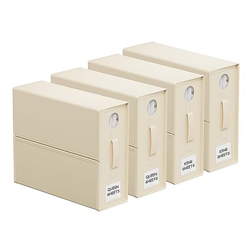GZOOGHOME 4 Pack Bed Sheet Organizers and Storage, Sheet Folder Organizer for Linen Closet, Foldable Sheets Set Keeper XL (Queen or King Size) Organizing Bedding Container (Circle Window, Beige)