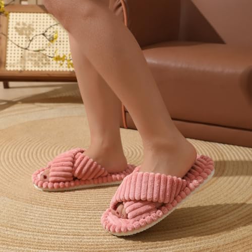 Slippers for Women Corduroy Cross Band Strap Open Toe Bedroom Comfy Anti-Skid House Slide Shoes2