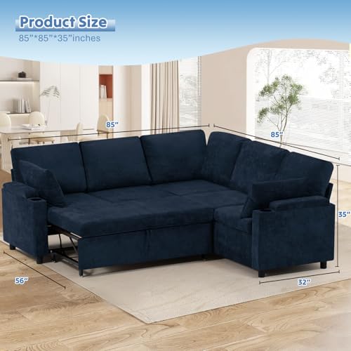Image of 85 inch Chenille Sectional Sofa w /Pull Out Bed & Storage Space, Blue | Upholstery L Shaped Couch w /Cup Holders, Modern Corner Sofa w /USB Charging Port & Throw Pillow for Living Room