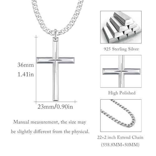 925 Sterling Silver Cross Necklace for Men Women with Stainless Steel Cuban Chain 22"+2"4