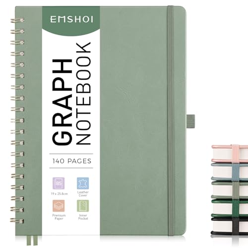 EMSHOI B5 Graph Paper Notebook, Spiral Notepad, 100gsm, PU Leather Hardback, Sticky Notes, Pocket, Pen Loop, Ruler, Bookmark, 140 Pages Squared Journal for Women Men Writing, 19 x 25.8cm, Sage Green