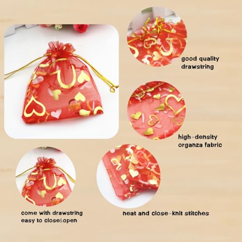 Image of QIANHAILIZZ 100 pcs 3.5 x 4.7 Inch Flower Heart Organza Jewelry Gift Pouch Candy Pouch Drawstring Wedding Favor Bags X92 (red gold heart)