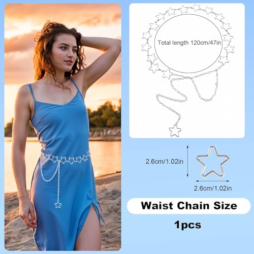 Waist Chain, Silver Star Waist Chain Belt Adjustable Link Belt Metal Waists Chains Women Fashion Accessory for Dresses Skirts Jeans Women Girls Ladies2