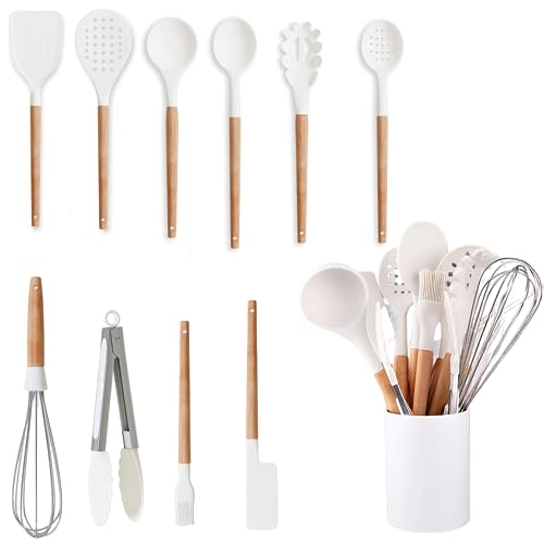 White Kitchen Utensils Set With Holder | Silicone Cooking Utensils Set (11 Pc) - Non Stick Kitchen Accessories For Cooking By Five14 #TOP14