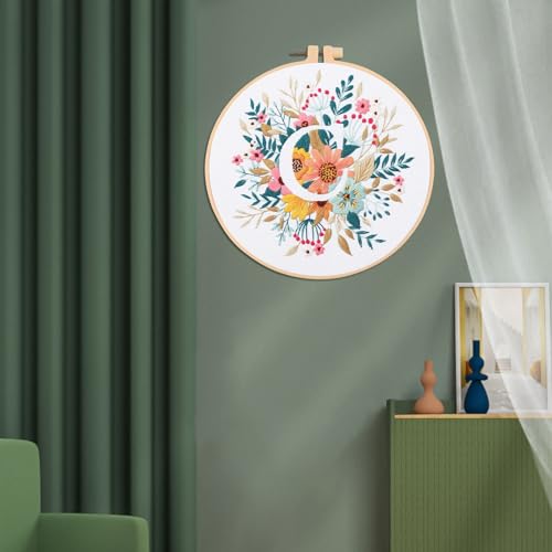 Image of IUHUI Embroidery Kit for Beginners Adults - 26 Floral Letters Easy Patterns, DIY Hand Stitching Embroidery Set with Hoop (Flower and Grass Letter C)