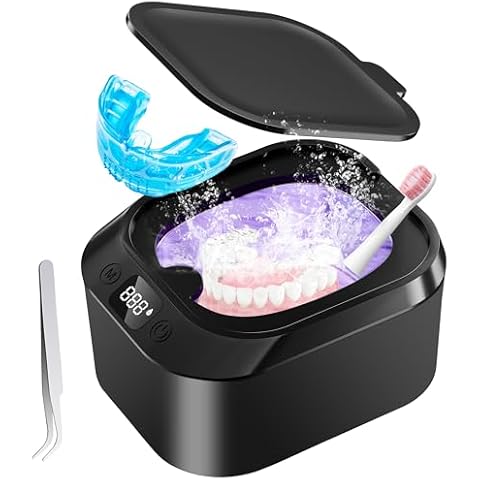 Ultrasonic Jewelry Cleaner Retainer Cleaner Machine, 46kHz Portable Mouth Guard Cleaner 3 Timed LED Light Diamond Cleaner with Digital Timer for Retainer,Dental,Mouth Guard, Ring,Silver,Jewelry Cover