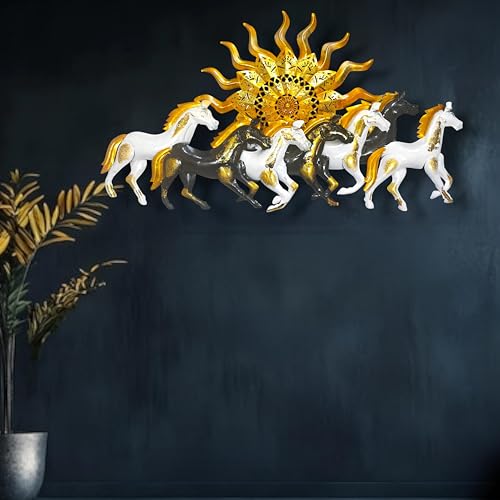 Image of iHandikart 7 Horses Metal Wall Art (Multicolor, Large Size,37x20 Inch) - Running Horses Vastu Wall Decor for Living Room, Modern Metal Wall Hanging Decoration for Home, Office & Entrance