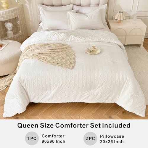 Image of tohrisa Boho Comforter Set Queen Size Striped Pleats Bohemian Seersucker Bedding Set All Season Soft Cozy 3 Pieces Quilt with 2 Pillowcases(90 inchX90 inch White)