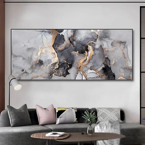Toile abstraite noir et or effet marbre de luxe grand format pour un intérieur prestigieux