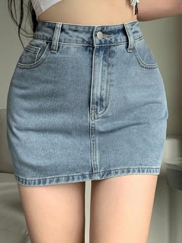 Image of Lymio Skirts for Women | Denim Mini Skirt | High Waisted Light Blue Jean Skirts for Women | Casual Short Pencil Skirt with Pockets | Slim Fit Stretch Denim Bottoms (LWHP-62-63)
