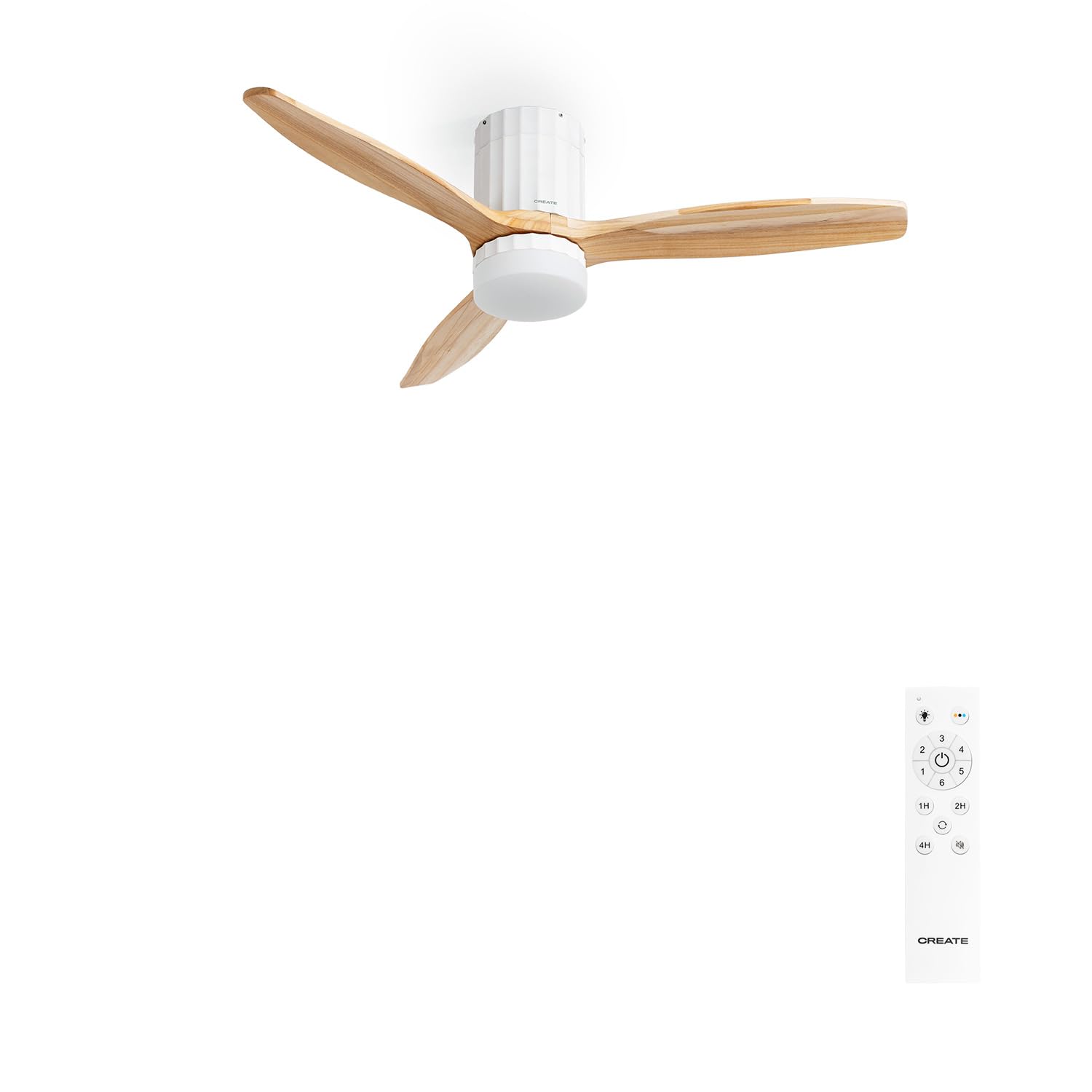 CREATE / WINDCALM LINE/Ventilador de techo con luz blanco madera natural y líneas verticales con mando / 40W, Ø132 cm, 6 velocidades, 3 temperaturas de luz, temporizador, función verano-invierno