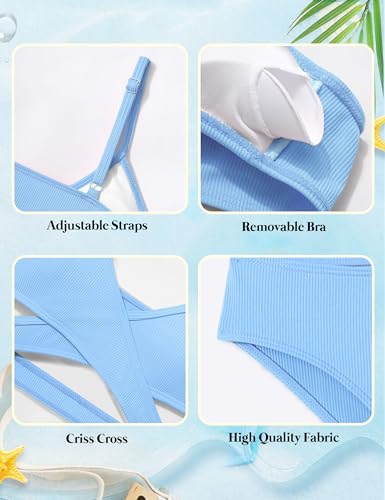 Image of Girls Swimsuit Bikini Set,Criss Cross Bathing Suits for Girl Two Piece Solid Color Girls' Swimwear for 7-16 Years