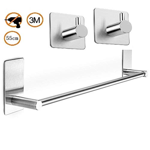 XIAJIA-Adhesivo Fuerte Toalleros de Barra 55cm+2 Piezas Ganchos Adhesivos, Cepillado,Acero inoxidable 304, 3M Adhesivo,impermeable completo (plata)
