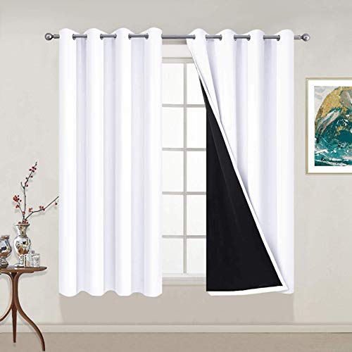 Image of Yakamok Pure White 100% Blackout Curtains 54 Inches Long 52 inch Wide 2 Panel | Blackout Curtain Panels for Bedroom, 2 Thick Layers Grommet Top Thermal Insulated Drapes with Black Liner for Living Room