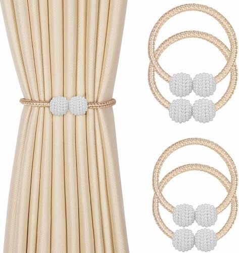 Image of INOVERA (LABEL) 4 Pieces Magnetic Curtain Tiebacks - Decorative Windows Curtain Tie Rope - Drapery Holdbacks for Home, Office (Beige)