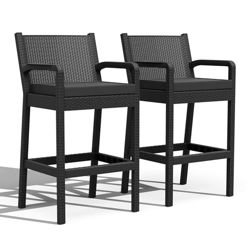 Euker Lot de 2 tabourets de bar d'extérieur en rotin avec accoudoirs et coussin - Chaises hautes résistantes aux intempéries - Idéal pour terrasse, jardin,...