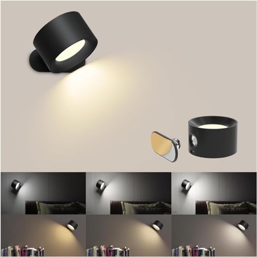 Image of AKSDA Battery Operated Wall Sconce, LED Reading Light, 360-Degree Rotation Magnetic Mounting Rechargeable Cordless Wall Lights with Dimmable 3 Color Temps Touch Control for Bedroom Hallway, 1 Pack