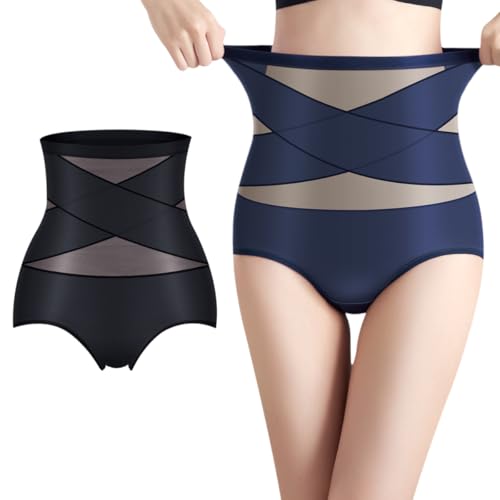2XK-NOV Sexy Slips Damen Hipster,Bauch Weg Shapewear,Hohe Taille Miederhose,Eisseide Transparent (2, Schwarz+Dunkelblau, L)