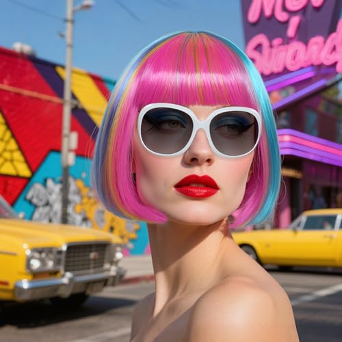Image of ANOGOL Hair Cap + (Sunglasses) Rainbow Wig Blue Pink Bob Wig with Bangs Womens Party Wigs with Sunglasses Short Neon Wig Daily Party Fun Wigs Women Halloween Costume Pride Day Bachelorette Hair