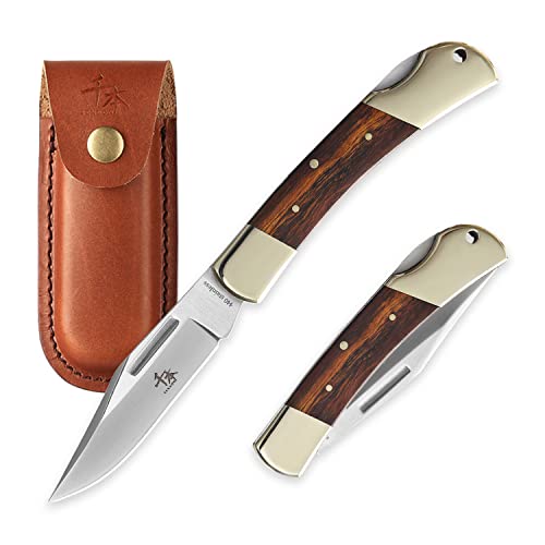 SENBON plegable Lock Back cuchillo 3.3in 440a afilado al aire libre cuchillo arena hierro madera cobre mango con funda de cuero