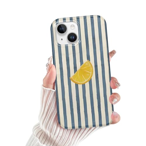 Xylota Funda para iPhone 14/iPhone 13, Verano Rayas Striped Dibujos Aesthetic Collage Limón Carcasa Mujer Diseño Case, Silicona Suave TPU Antichoque Protección Cover para iPhone 14, Stripes Azul