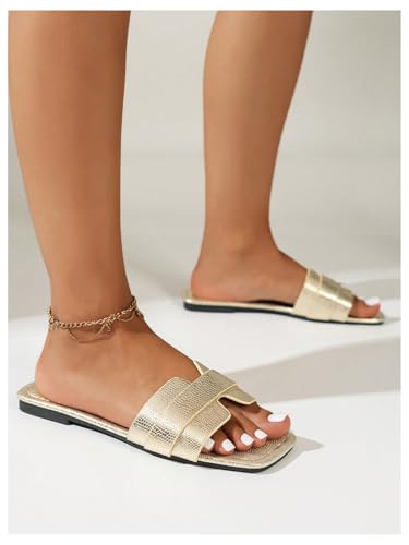 GORGLITTER Women's Gold Flat Sandals Dressy Metallic Leather Square Toe Summer Beach Slip on Slides 20254