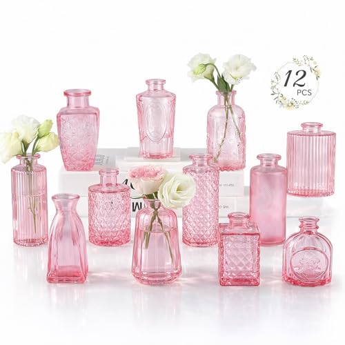 RUCKAE 12 Pack Glass Bud Vases Mini Flower Vase Small Vintage Vases for Centerpiece Table Wedding Decorations Home Decor Party(Pink)