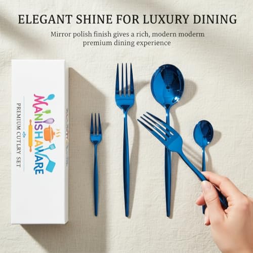 Image of Classic Blue 4 Pcs Stainless Steel Cutlery Set for Dining Table, Dishwasher Safe Glossy Flatware (Perfect Spoon Fork Set)