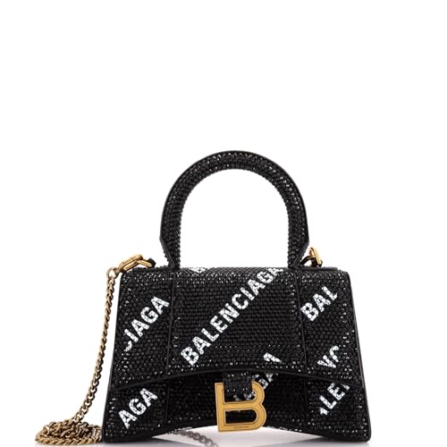 Balenciaga, Pre-Loved Hourglass Top Handle Bag Suede and Allover Logo Crystals XS, Black