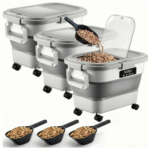 Maxdot 3 Sets 22lb Airtight Wood Pellet Storage Container Bin Kit with Clear Window, Locking Lid, Collapsible Design with Rolling Wheels, Pellet Bucket Includes Scoops Labels for Grill, Smoker