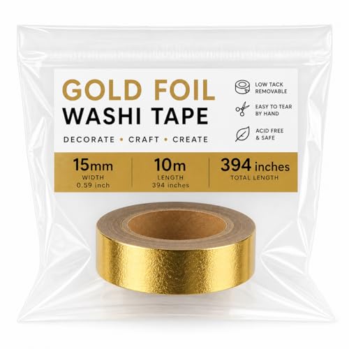 Syntego Ruban de masquage auto-adhésif décoratif en feuille solide Washi Tape 15 mm x 10 mètres (Or)