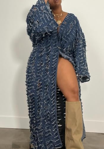 Women's Oversized Ripped Denim Long Cardigan Distressed Hollow Open Front Kimono Robe Duster Jean Jacket Coat2