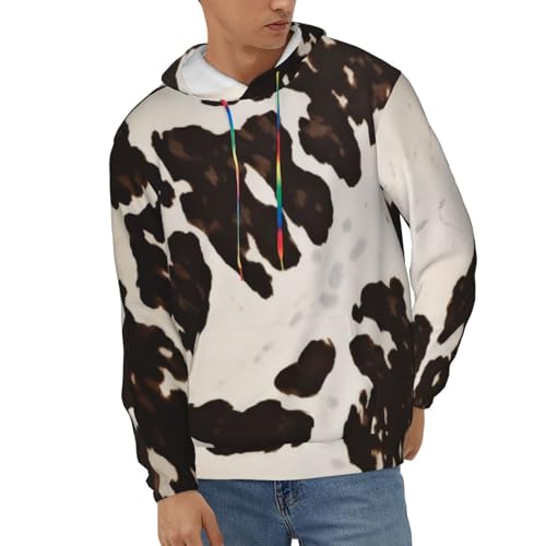 Mens Hoodie Pullover Casual Long Sleeve Drawstring Top Brown Cowhide Print Hooded Sweatshirt With Pocket2