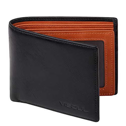 VISOUL Mens Bifold Wallet with 2 ID Windows and 2 Money Compartments, Genuine Leather Designer Wallet with RFID Blocking, Stylish Two-tone Back Wallet for Men (Black and Orange)