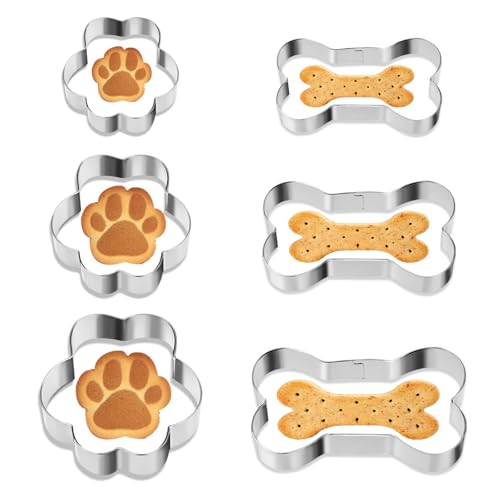 TIESOME Set di 6 formine per biscotti a forma di osso di cane, 3 misure, con stampa di ossa e zampe, in acciaio inox, per feste a tema, dolcetti e dolci fatti in casa