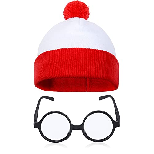 Glynisyz 2 Pieces Red and White Striped Hat Halloween Hats for Men Women Cosplay Suits with Glasses Outfit Suit Set Halloween Cosplay Costume Party Props