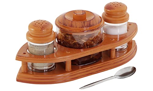 Image of Nabhya Complete Dining Table Set of Pickle Jars, Salt and Pepper Dispenser, Toothpick Holder and Spoon Holder(Wooden Look Design, Plastic) (FINE and Dine)