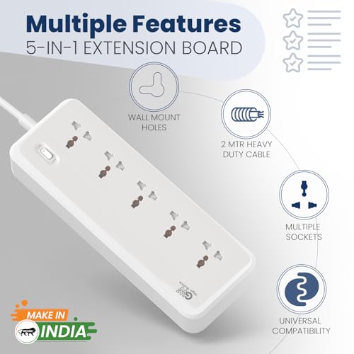 Image of GIGAWATTS 5-in-1 Power Extension Board 5 Universal Sockets 2500W 2Mtr Heavy Duty Cord 250V Fireproof Child-Safe Surge Protector for Home Appliances Travel & Outdoor Power Tools (6 Months Warranty)