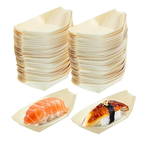 DONFAMDS 100個 使い捨て木製スナックトレイ 自然素材寿司ボート 業務用パーティー用前菜皿 キャンプや誕生日会に