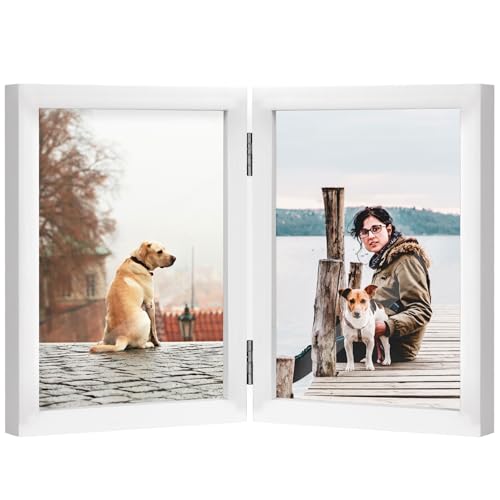 FOREV 5x7 Double Picture Frame White Wooden Hinged Photo Frame